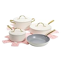 Paris Hilton Iconic Nonstick Pots and Pans Set, Multi-layer Nonstick Coating, Matching Lids With Gold Handles, Made without PFOA, Dishwasher Safe Cookware Set, 10-Piece, Cream