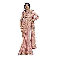 Pink Stylish Trendy Woman Designer Satin Crepe Applique Flower work Saree Blouse Cocktail Sari 3527