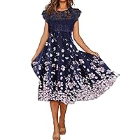 Summer Dresses for Women 2024 Floral Boho Dress Beach Casual Mid Length Dress Short Sleeve Elegant Flowy Midi Dress