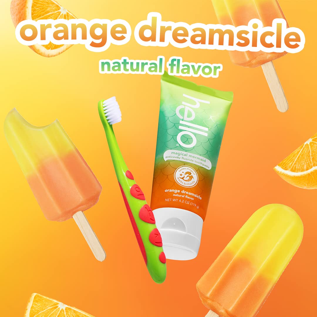 hello Mermaid Orange Dreamsicle Kids Fluoride Toothpaste, Natural Flavor, Ages 2+, No Artificial Sweeteners, No SLS, Gluten Free, Vegan,3 Pack, 4.2 oz Tubes