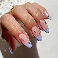 Blue French Tip Press on Nails with Stiletto Design Nude Sparkly Acrylic Nails Glossy Gold Glitter Star Fake Nails Medium Almond Shape False Nails Stick on Nails for Women DIY Manicure Decoration 24