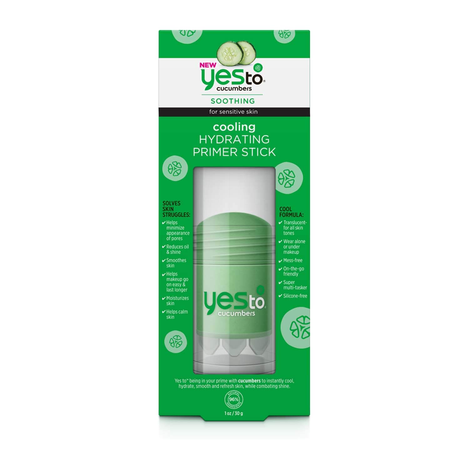 Yes To Cucumbers Cooling Hydrating Primer Stick - 1 Ounce | For Sensitive Skin | Cucumbers To Instantly Cool, Hytdrate, Smooth and Refresh Skin