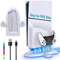 Charging Stand with Cooling Fan Only for PS5 Slim Console, Dual Controller Charger Station with 9 RGB Light for DualSense/Edge, Quiet Cooling System Accessories for PS5 Slim Digital/Disc