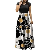 Cute Dresses, Dress with Built in Shapewear Gold Prom Dress Short Sleeve Dress Womens Dressy Ethnic Printed Trendy Large Size Maxi Ladies Round Neck Floral Printting Trendy Dresses