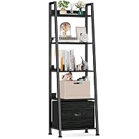 Furologee 5 Tier Ladder Shelf with Drawer, Narrow Ladder Bookshelf, 55.6” Tall Industrial Bookcase Standing Shelf Units, Display Storage Rack Shelves for Living Room, Home Office, Bedroom, Black Oak