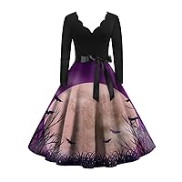 Women's Fall Dresses 2023 Vintage Classic Dress Long Sleeve Halloween Print V-Neck Swing Dress, S-2XL