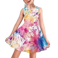 Girls Colorful Splash Paint Print Sleeveless Beach Sundress Summer Casual Twirl Skater Dress