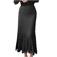 Women's Crochet Pencil Skirt Hollow Out Paisley Embroidered Long Skirt High Waisted Knitted Pleated Maxi Skirts