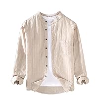 Linen Mandarin Collar Long Sleeve Shirt, Men's Spring/Autumn Loose Striped Vintage Cotton-Linen