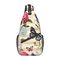 Striped Flower Butterfly Print Cross Chest Bag Crossbody Backpack Sling Shoulder Bag Travel Hiking Daypack Cycling Bag