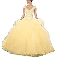 V-Neck Ball Gown Quinceanera Dresses Plus Size Beaded Tulle Puffy Prom Dress 2022