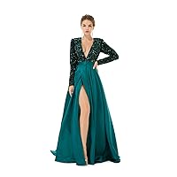 Shiny V Neck Sequins Satin High Split Prom Shower Party Evening Dress Celebrity Pageant Bridesmaid Gown