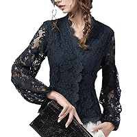Women Lace Blouses Close-Fitting Tops Long Sleeve V-Neck Hollow Out Hook Floral Solid Color Vintage Ladies Shirts