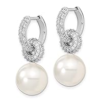 925 Sterling Silver 12 13mm White Simulated Shell Pearl Drop Dangle Endless Cubic Zirconia CZ Hoop Earrings