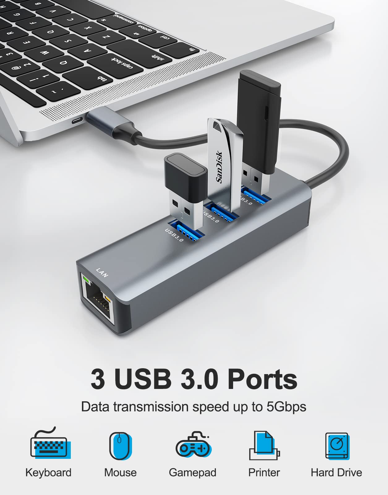 USB C to Ethernet Adapter, ABLEWE 4-in-1 RJ45 to USB-C/Thunderbolt 3 to Gigabit Ethernet LAN Network Adapter for MacBook Pro/Air 2021/2020/2019, iPad Pro 2021, Chromebook, XPS, Surface Book 3/2/Go