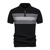 Men's Golf Polo Shirt Corrugated Knitted Striped Contrast Zipper Lapel Polo Shirt Fashionable Vintage Short Sleeve Shirt