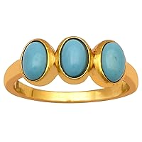 Trio Stone Oval Cab Turquoise Gemstone 14 kt Gold Plated Sterling Sold Silver Vintage Ring December Birthstone Ring
