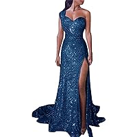 Women's Lace Long Formal Party Dress One-Shoulder Bronzing Womens Side Cutout Padded Shoulder Evening Party Dress