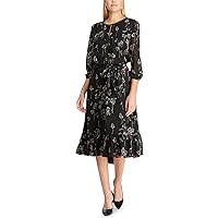 Lauren Women's Printed 3/4 Sleeve Jewel Neck MIDI a-Line Evening Dress, Size 2, Polo Black Multi