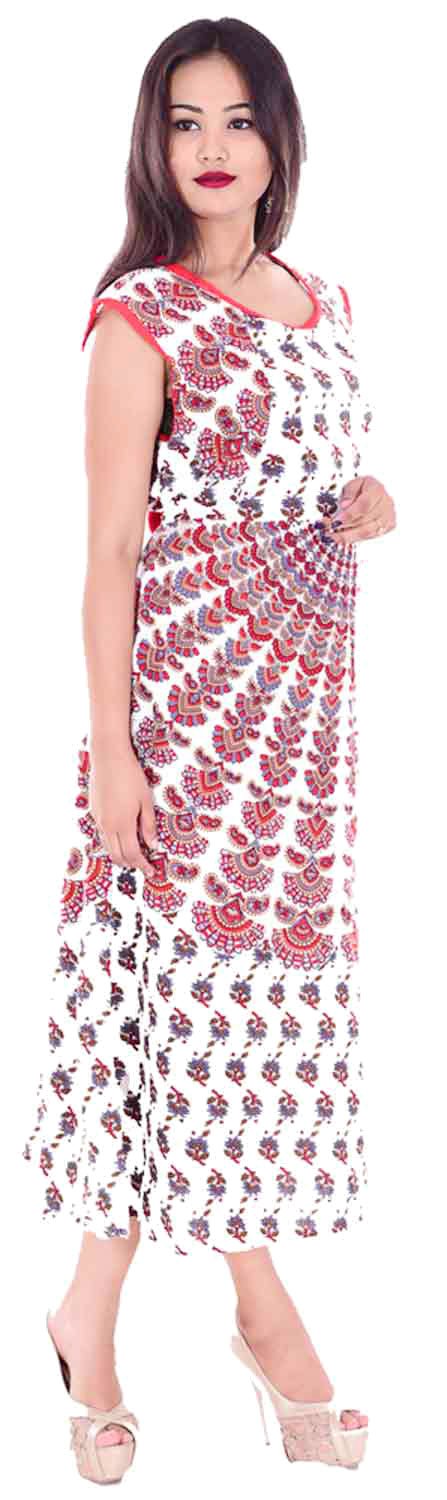 Indian 100% Cotton Women Maxi Boho Long Dress Plus Size Mandala Print White Color