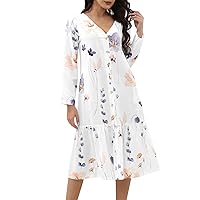 Floral Long Sleeve Dress Trendy Plus Size Button Up Midi Dress Casual Sexy V Neck Smocked Flowy Elegant Swing Dress