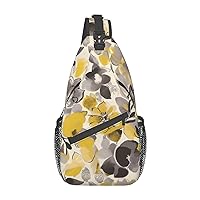 Sling Backpack Bag Yellow Gray Flower Print Crossbody Chest Bag Adjustable Shoulder Bag Travel Hiking Daypack Unisex