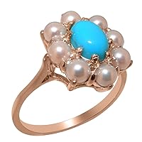 Rose 9k Gold Natural Turquoise & Cultured Pearl Womens Cluster Ring - Sizes 4 to 12 Available
