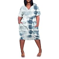 Summer Dresses for Women Printing Plus Size Round Neck Dresses Short Sleeve Casual Loose Beach Dress with Pockets