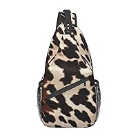 Brown Cowhide Print Cross Chest Bag Crossbody Backpack Sling Shoulder Bag Travel Hiking Daypack Cycling Bag