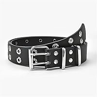 Fashion Men Women Punk Style Belt Adjustable Black Double Eyelet Grommet Metal Buckle Leather Waistband 1Pcs (Size : About 110cm, Color : Black)