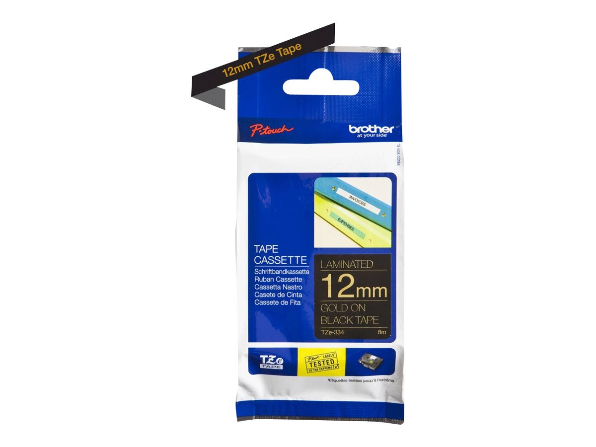 Brother TZe-334 Labelling Tape Cassette, Gold on Black, 12 mm (W) x 8 m (L), Laminated, Brother Genuine Supplies