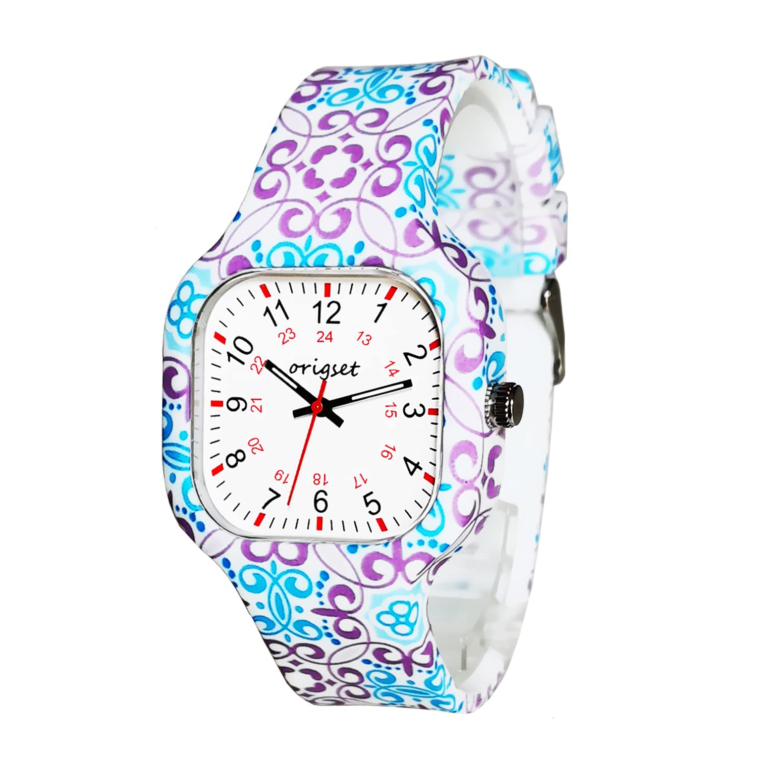 origset Women Watch Square 24 Hour 3-Hand Easy to Read Time for Nurse Medical Students Teachers Doctors Colorful Water Proof