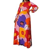 Women Casual Dresses Fashion Scoop Neck Long Sleeve Printed Maxi Dress Party (Color : Colorful, Size : 4X-Large)
