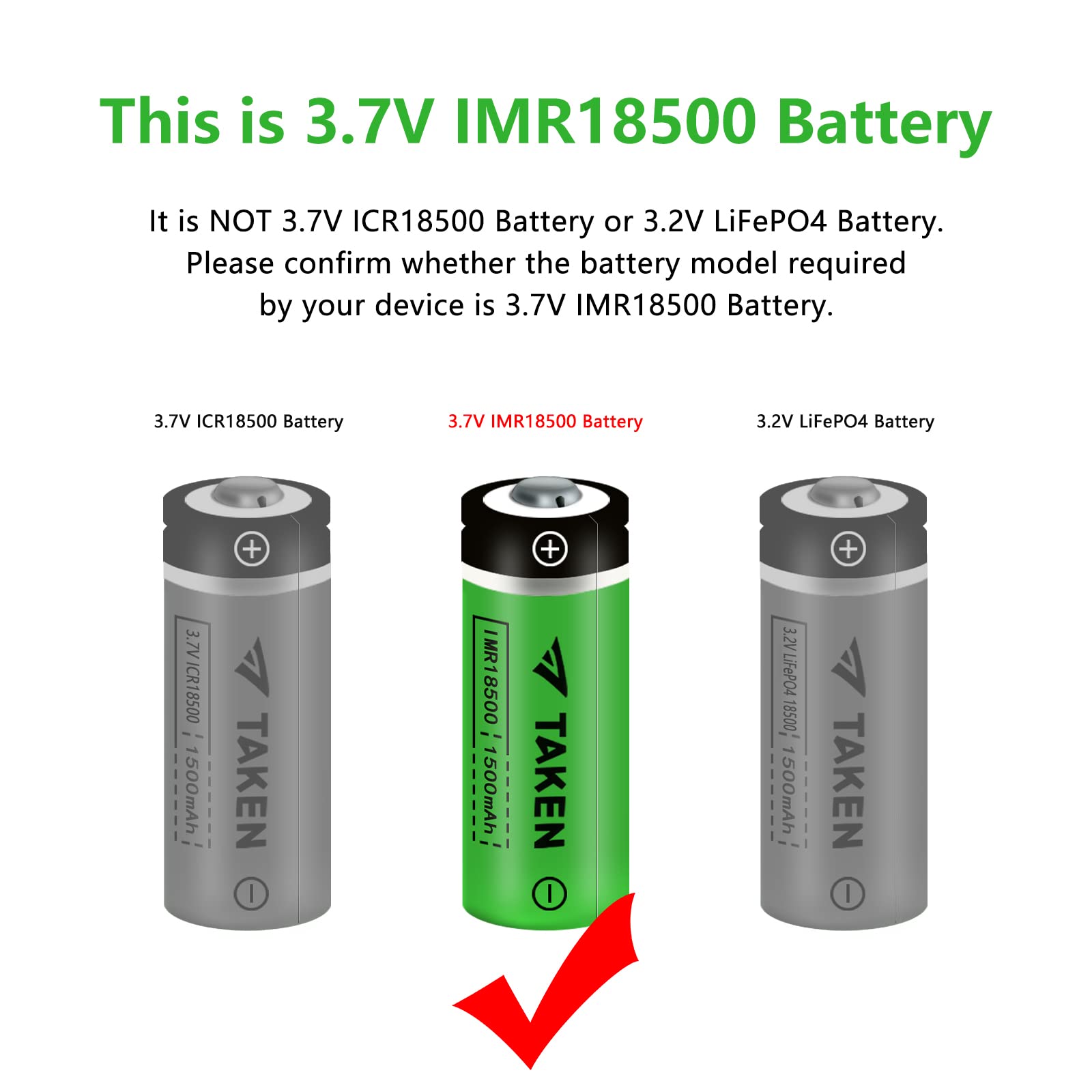 Taken 18500 Rechargeable Batteries, IMR 18500 1500mAh 3.7V Li-ion Rechargeable Battery with Button Top - 12 Pack