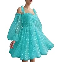 Off Shoulder Sweetheart Homecoming Dress for Junior Puffy Sleeve Short Prom Dress A Line Cocktail Dress Turquoise