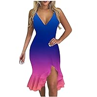 Bodycon Dresses for Women Ruffle Low-Cut Solid Slit Sling Dress Flower Printed Asymmetric Sexy Party Club Dress