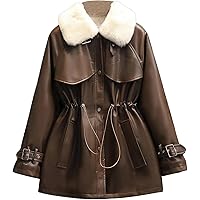 Women’s Oversized Genuine Leather Jacket, Sherpa Shearling Faux Fur-Lined Thick Waist Drawstring