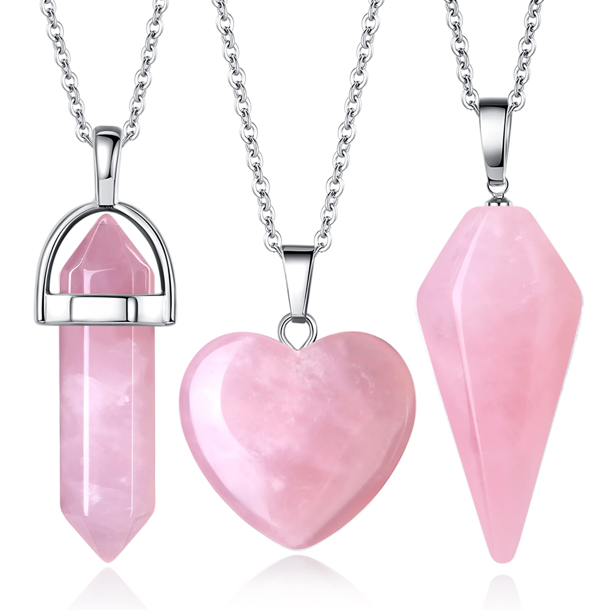 QINJIEJIE Healing Crystal Necklaces Set for Women Necklaces Rose Crystals Quartz Stone Pendant Jewelry Natural Pink Gemstone Heart Hexagonal Column Cone Spiritual Reiki Energy Witchcraft 3 Pcs