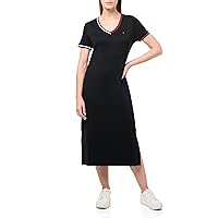 Tommy Hilfiger Women's V-Neck Stripe Trim Midi T-Shirt Dress, Black