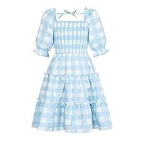 EIAY Shop Girls Floral Casual Dress Puff Sleeve Plaid Smocked Dresses Square Neck for 7-12 Years
