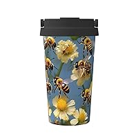 Honey Bees Flowers Print Reusable Coffee Cup - Vacuum Insulated Coffee Travel Mug For Hot & Cold Drinks