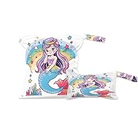 2 Set Cute Mermaid Wet Dry Bags for Baby Cloth Diapers Waterproof Reusable Storage Bag for Travel,Beach,Pool,Daycare,Stroller,Gym,Laundry,Dirty Clothes,Swimsuits, Rainbow Underwater Girl Wet Bag