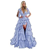 Tiered Tulle Prom Dress Long Ball Gown Ruffle V Neck Formal Evening Dresses with Slit