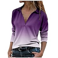 Long Sleeve Shirts for Women Fall Fashion Gradient Color Loose Turndown Collar T-Shirt Blouse Autumn Casual Tops