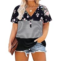 RITERA Plus Size Tops for Women 5XL Short Sleeve Shirt Striped Colorblock Tshirt Floral V Neck Tunic Tops Summer Casual Tee Blouses Black Floral 5XL