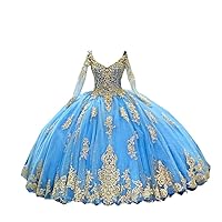 Glitz Gold Embroidery V Neck Juliet Long Sleeves Tulle Prom Evening Dresses Ball Gown 2024