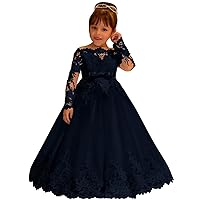 Lace Tulle Flower Girl Dress for Wedding Long Sleeve Princess Dresses Navy Blue Pageant Party Gown with Bow Size 5