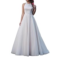 Women's Satin A-line Wedding Dress Straps Sweep Train Chiffon Bridal Evening Formal Dress