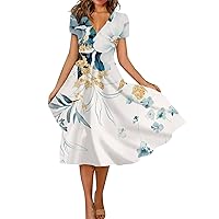 Women's Summer Beach Floral Print Short Sleeve Swing Dress Bohemian Style Dress A-line Waist Flowing 2024