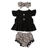 Multitrust Toddler Baby Girls Button Ruffled Sleeve Shirts Tops and High Waisted Shorts with Headband Baby Girl Outfits